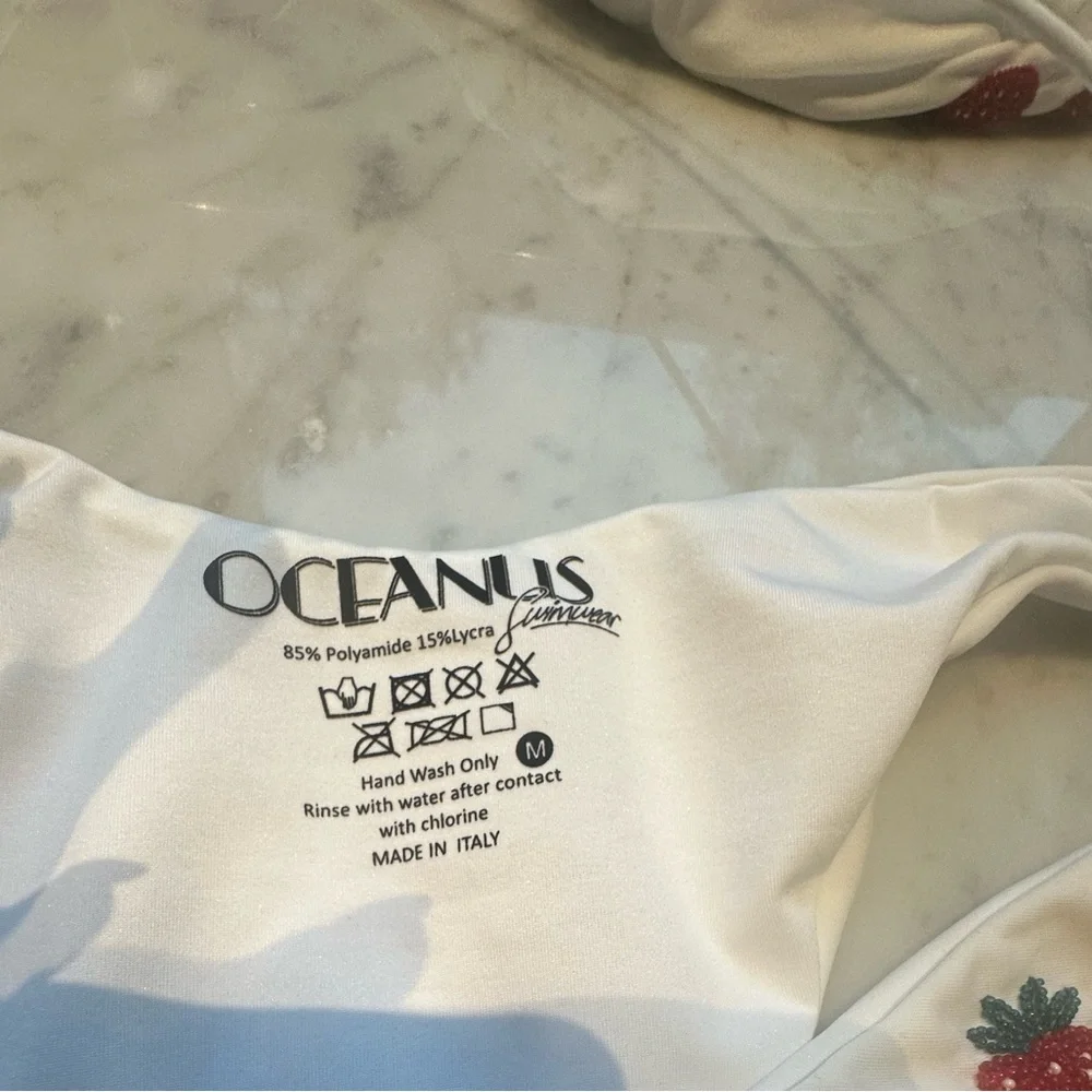Oceanus Strawberry Print White Bandeau Bikini Top & Bottom Set